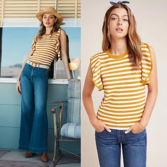 Anthropologie Jillian Flutter Sleeved‎ Top Size XS Stripe Ruffle Knit Bohemian - Picture 1 of 11